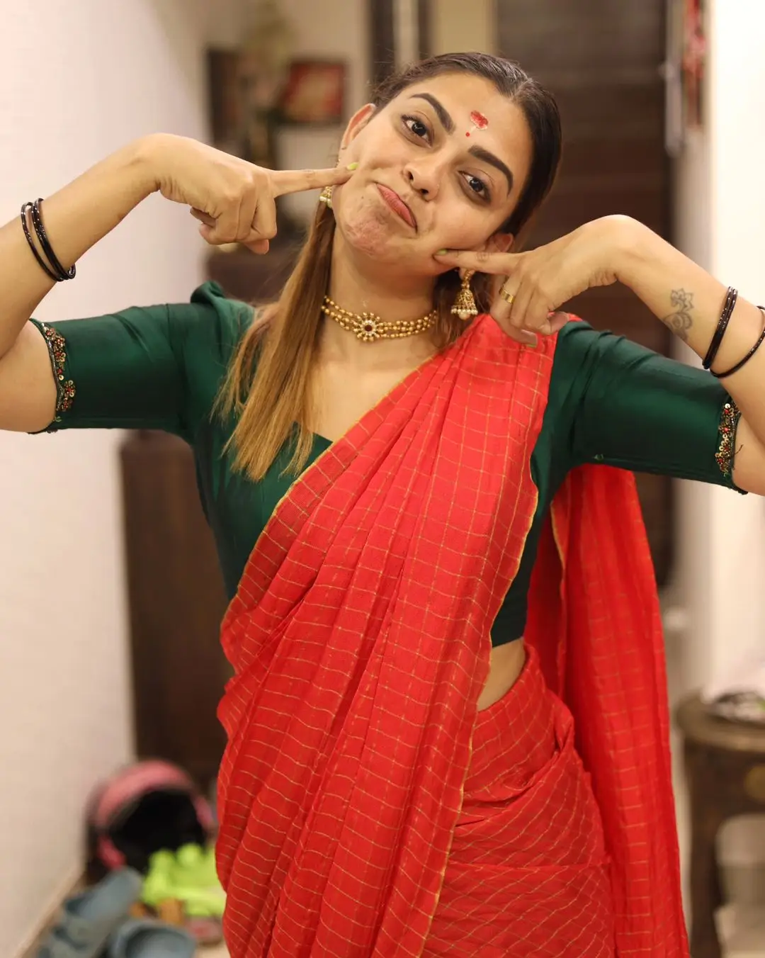 Anusree Nair In South Indian Traditional Red Saree Green Blouse